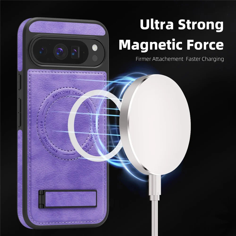 For Google Pixel 9 Pro XL Magnetic Case with Folded Kickstand PC Silicone Leather Phone Back Cover - Light Purple - 2