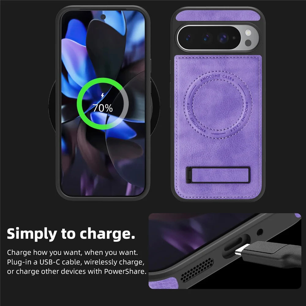 For Google Pixel 9 Pro XL Magnetic Case with Folded Kickstand PC Silicone Leather Phone Back Cover - Light Purple - 3