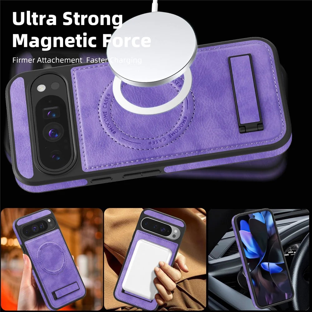 For Google Pixel 9 Pro XL Magnetic Case with Folded Kickstand PC Silicone Leather Phone Back Cover - Light Purple - 4