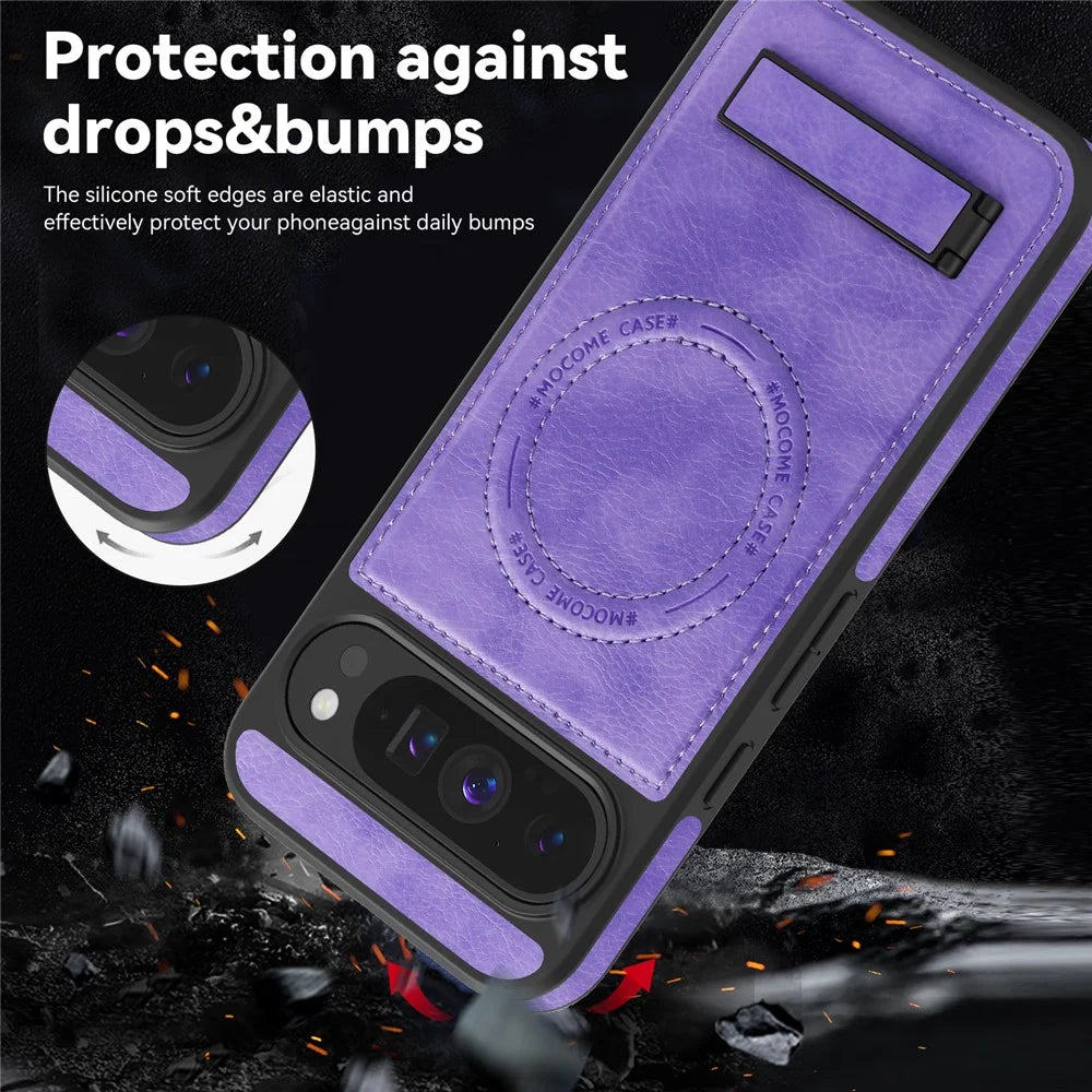 For Google Pixel 9 Pro XL Magnetic Case with Folded Kickstand PC Silicone Leather Phone Back Cover - Light Purple - 5