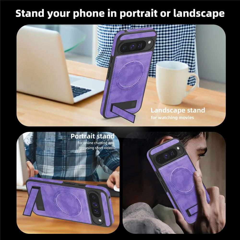 For Google Pixel 9 Pro XL Magnetic Case with Folded Kickstand PC Silicone Leather Phone Back Cover - Light Purple - 7