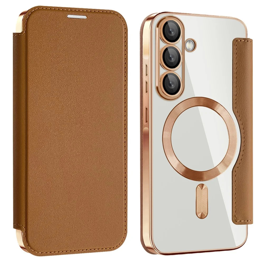 For Samsung Galaxy A56 5G Magnetic Case RFID Blocking Leather Phone Cover - Brown - 1