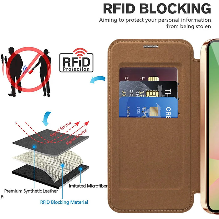 For Samsung Galaxy A56 5G Magnetic Case RFID Blocking Leather Phone Cover - Brown - 5