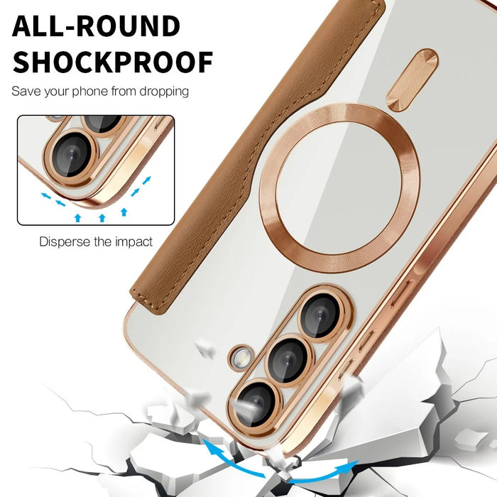 For Samsung Galaxy A56 5G Magnetic Case RFID Blocking Leather Phone Cover - Brown - 6