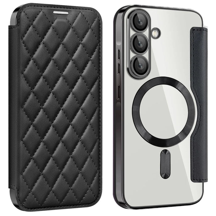 For Samsung Galaxy A56 5G Magnetic Case Rhombus PU Leather Phone Cover - Black - 1