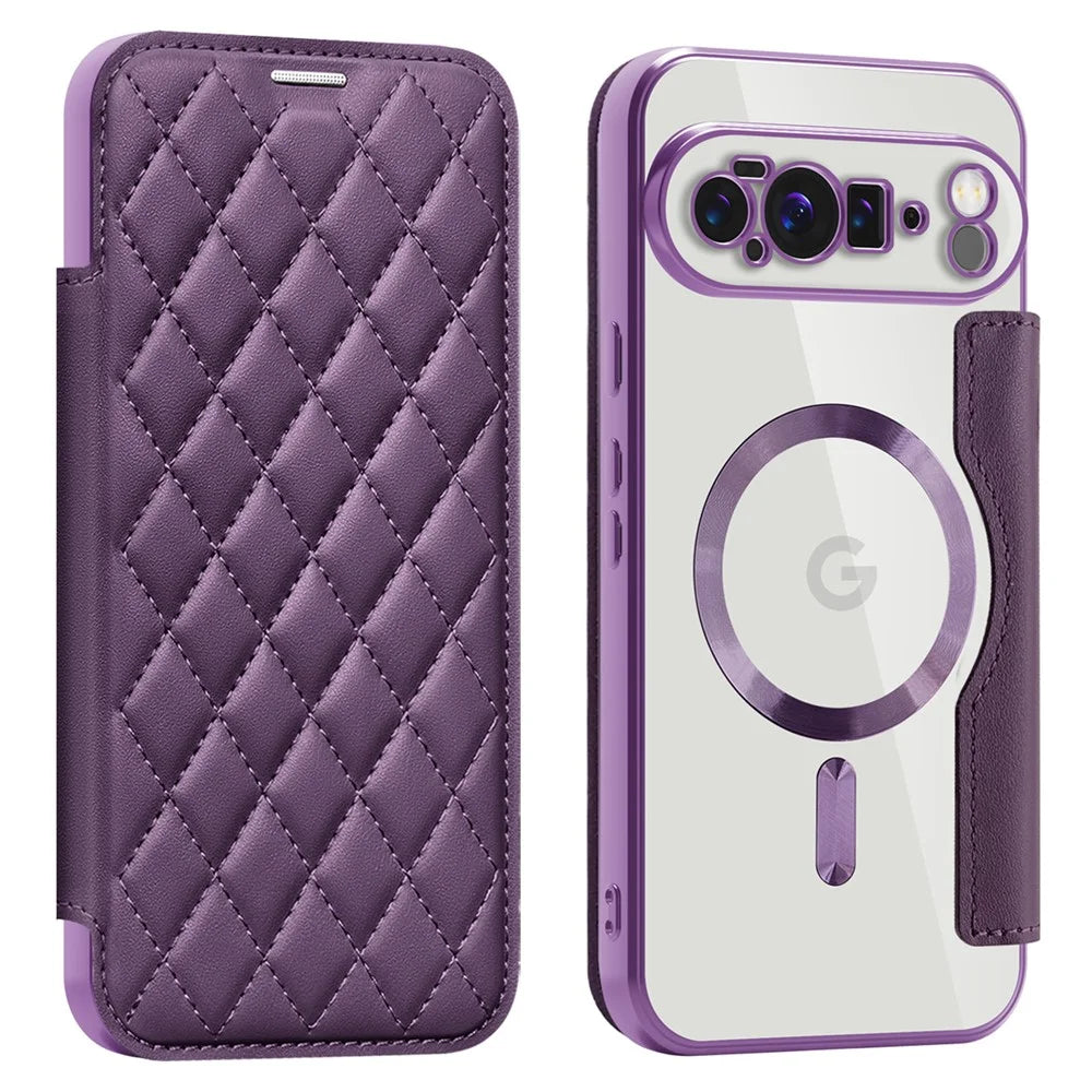 For Google Pixel 10 Pro XL Magnetic Case Rhombus PU Leather Phone Cover - Dark Purple - 1