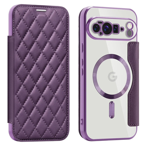 For Google Pixel 10 Pro XL Magnetic Case Rhombus PU Leather Phone Cover - Dark Purple - 1