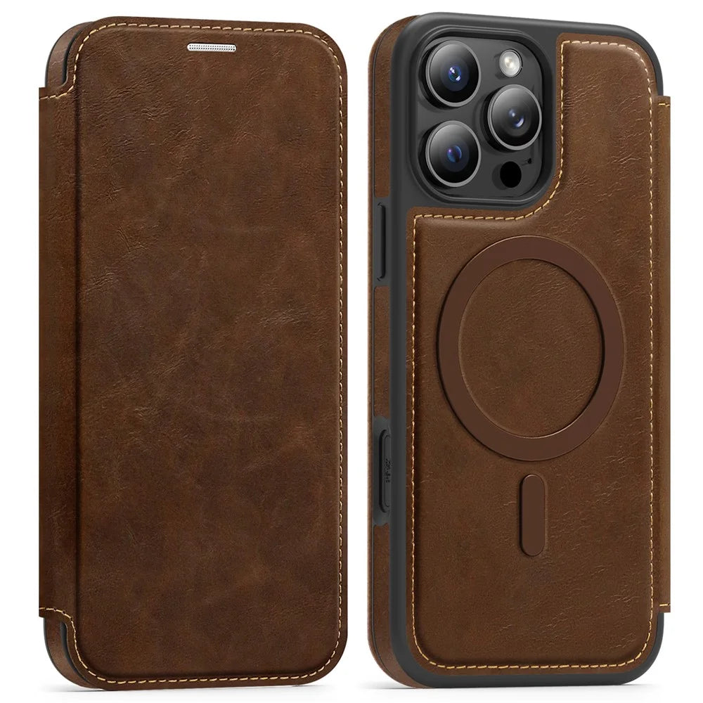 For iPhone 15 Pro Max Case Compatible with MagSafe RFID Blocking Card Holder Leather Phone Cover - Coffee - 1