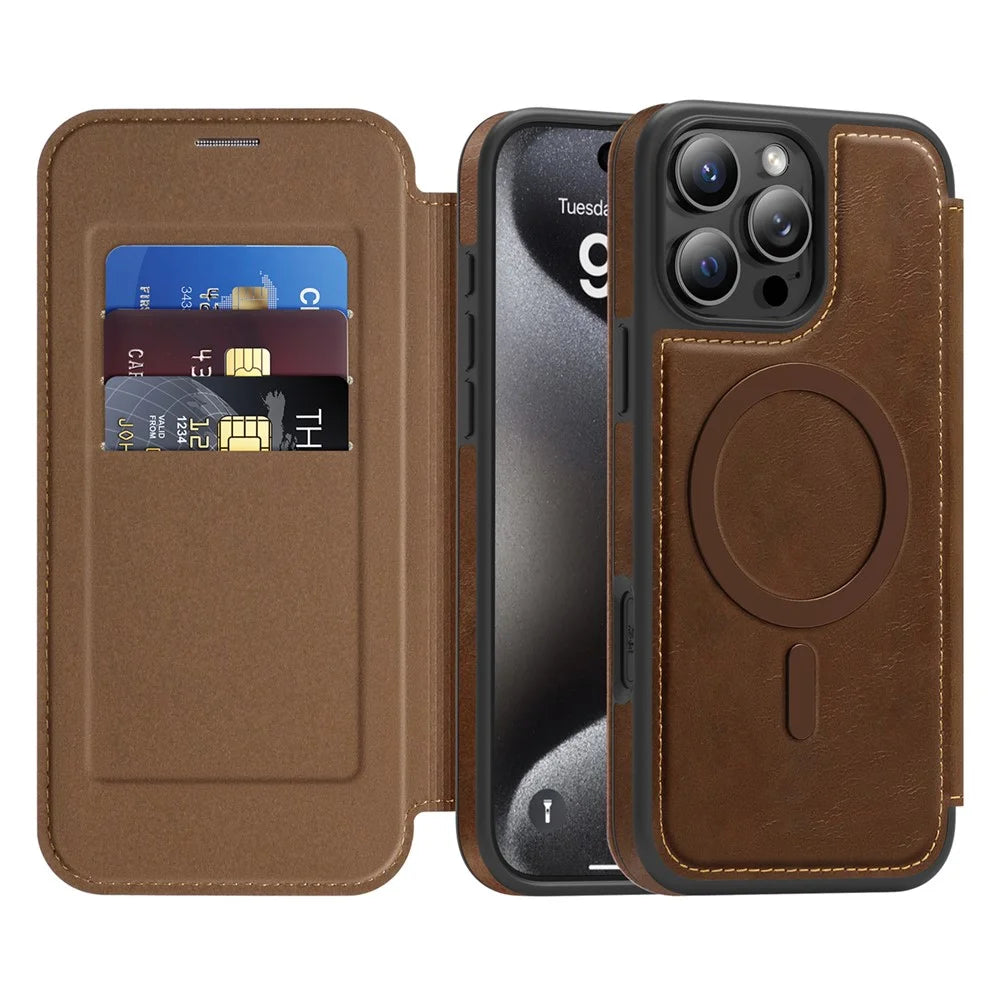 For iPhone 15 Pro Max Case Compatible with MagSafe RFID Blocking Card Holder Leather Phone Cover - Coffee - 2
