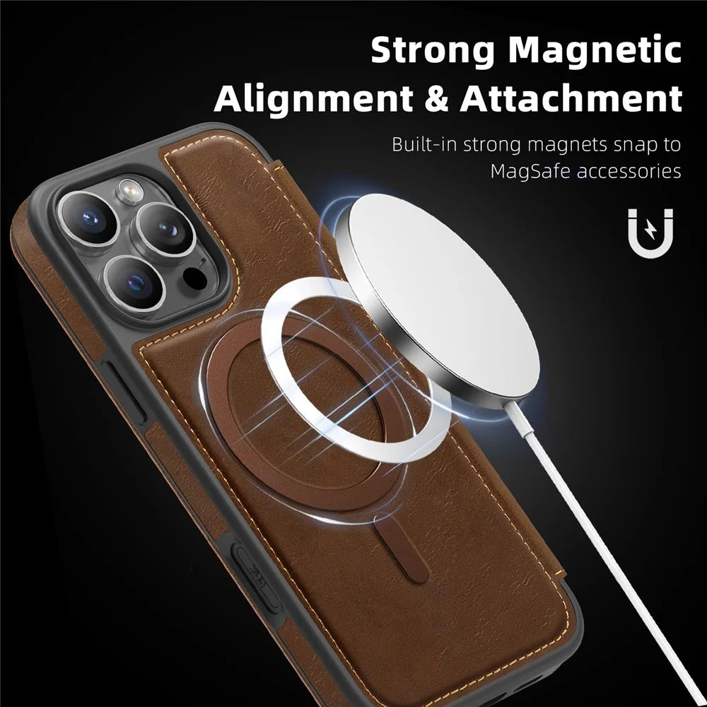 For iPhone 15 Pro Max Case Compatible with MagSafe RFID Blocking Card Holder Leather Phone Cover - Coffee - 3