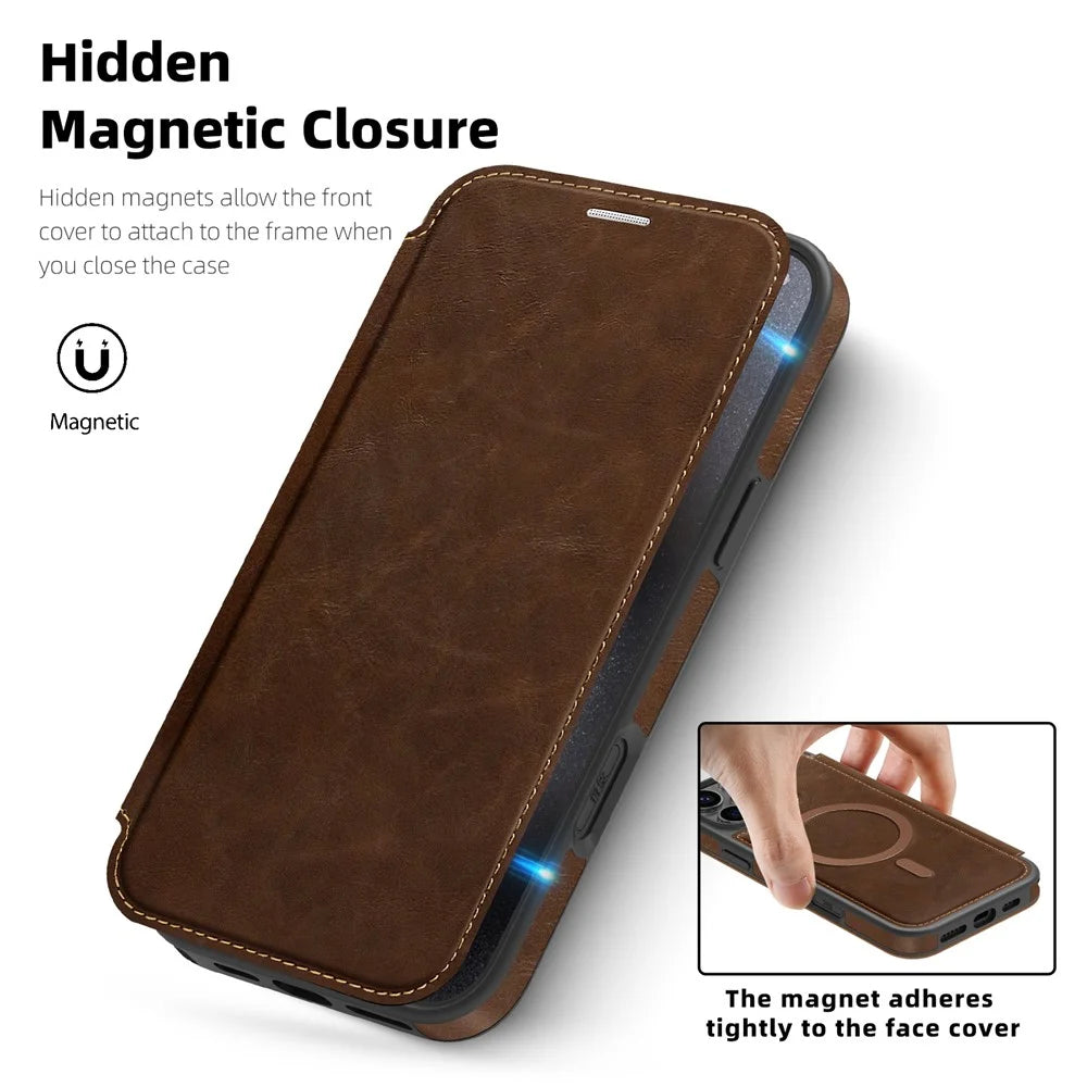 For iPhone 15 Pro Max Case Compatible with MagSafe RFID Blocking Card Holder Leather Phone Cover - Coffee - 5