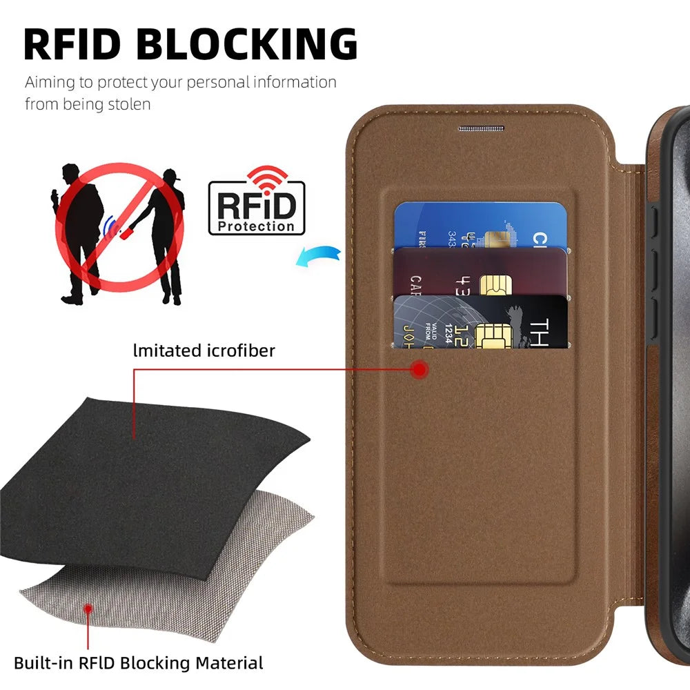 For iPhone 15 Pro Max Case Compatible with MagSafe RFID Blocking Card Holder Leather Phone Cover - Coffee - 6