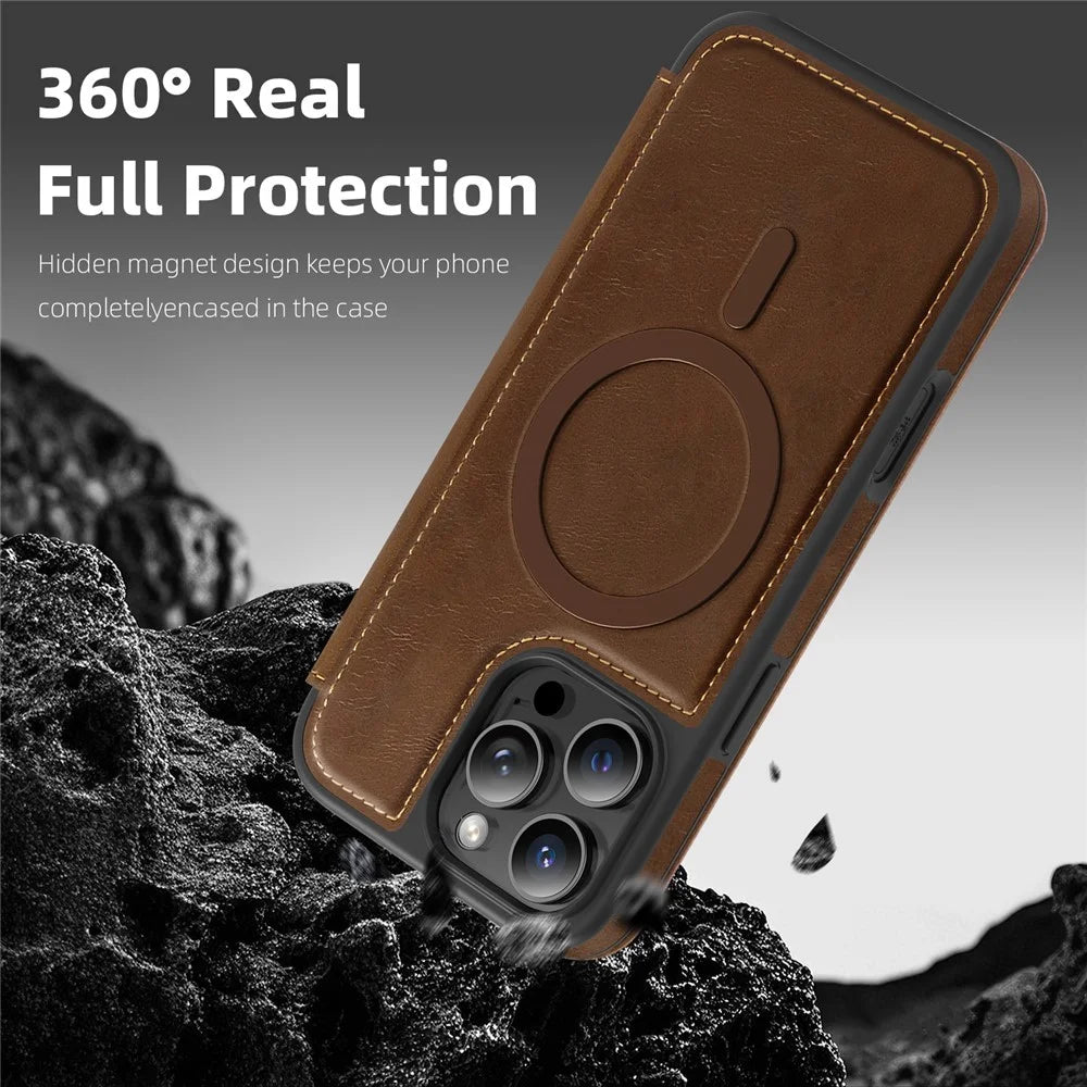 For iPhone 15 Pro Max Case Compatible with MagSafe RFID Blocking Card Holder Leather Phone Cover - Coffee - 7