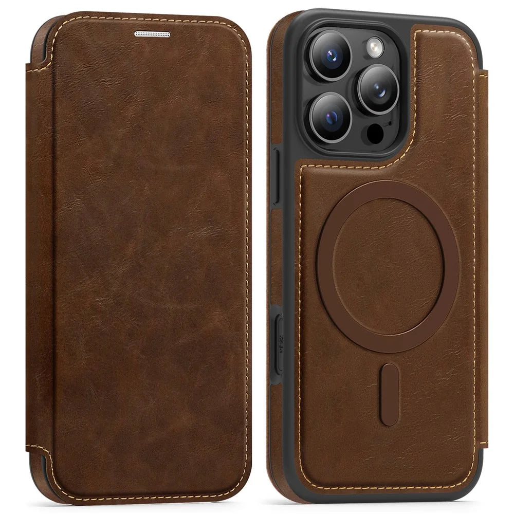 For iPhone 15 Pro Case Compatible with MagSafe RFID Blocking Card Holder Leather Phone Cover - Coffee - 1