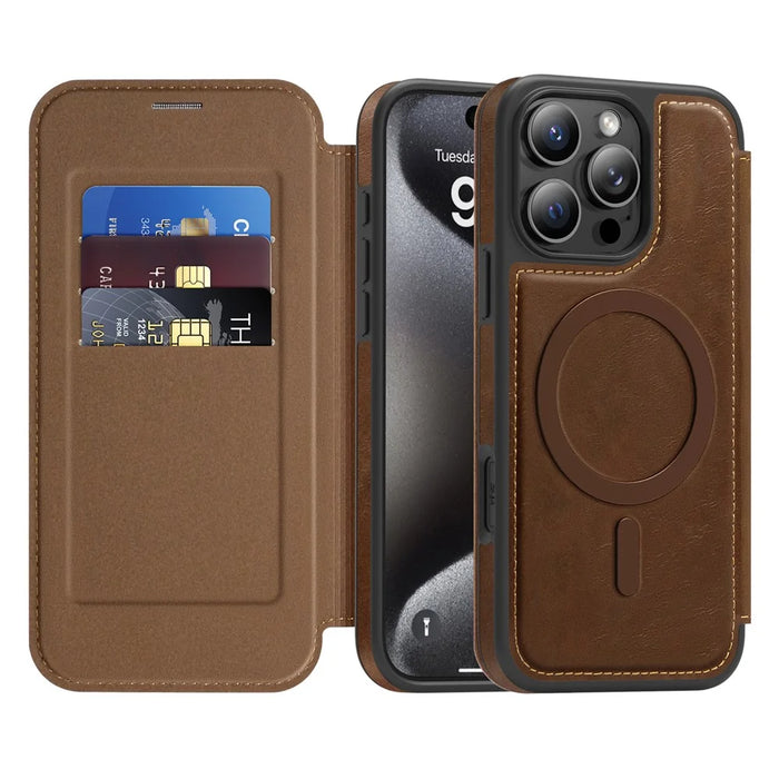 For iPhone 15 Pro Case Compatible with MagSafe RFID Blocking Card Holder Leather Phone Cover - Coffee - 2