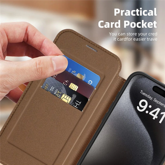For iPhone 15 Pro Case Compatible with MagSafe RFID Blocking Card Holder Leather Phone Cover - Coffee - 4