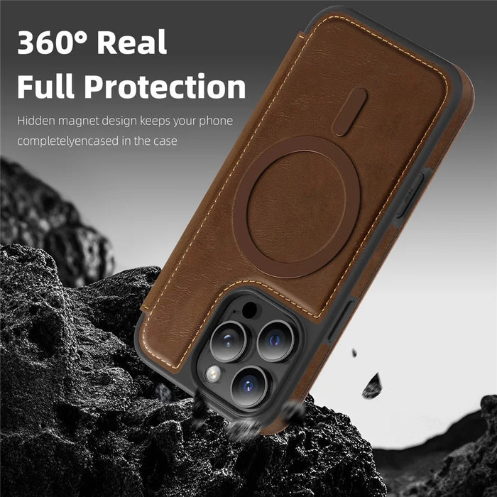 For iPhone 15 Pro Case Compatible with MagSafe RFID Blocking Card Holder Leather Phone Cover - Coffee - 7
