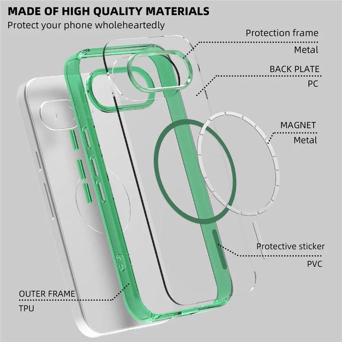 For Google Pixel 9a Magnetic Case TPU PC Clear Phone Cover - Transparent Green - 6