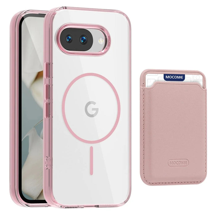 For Google Pixel 9a Magnetic Case TPU + PC Phone Cover with Card Bag - Transparent Pink - 1