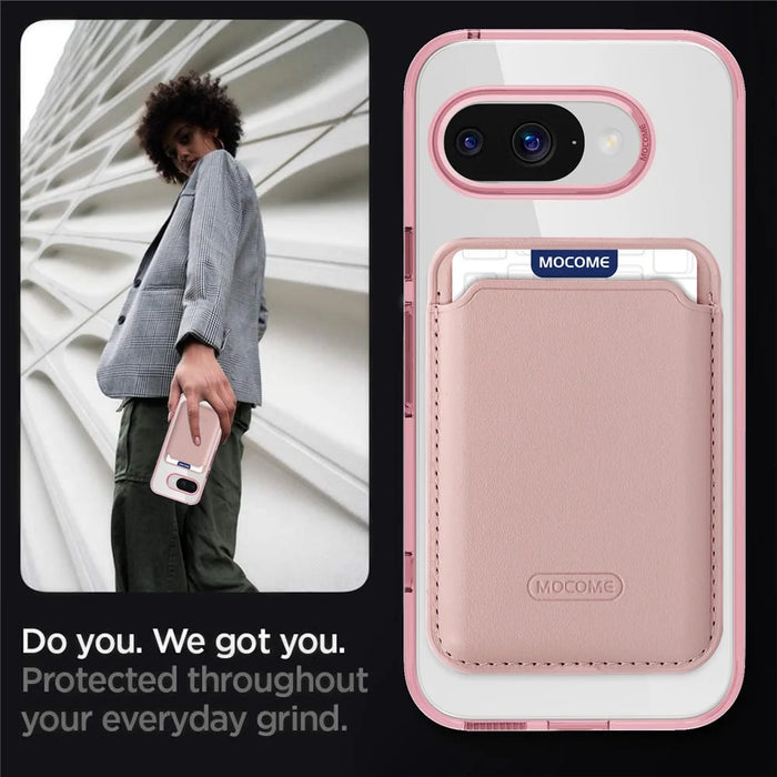 For Google Pixel 9a Magnetic Case TPU + PC Phone Cover with Card Bag - Transparent Pink - 3