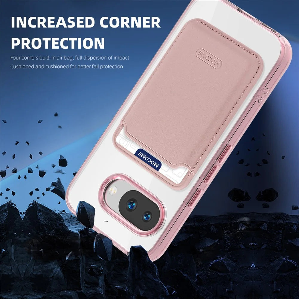 For Google Pixel 9a Magnetic Case TPU + PC Phone Cover with Card Bag - Transparent Pink - 4