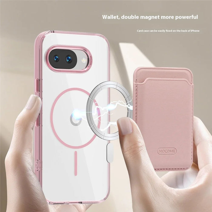 For Google Pixel 9a Magnetic Case TPU + PC Phone Cover with Card Bag - Transparent Pink - 6