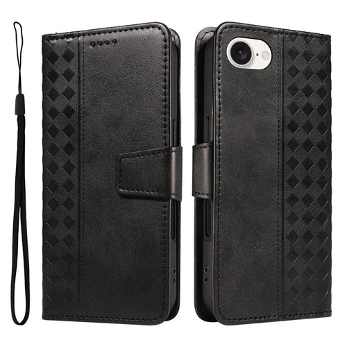 For iPhone 17e / 16e Leather Case Wallet Stand Grids Imprinted Phone Cover with Strap - Black - 1
