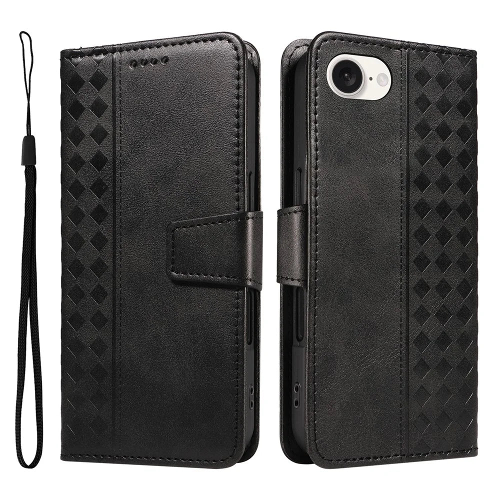 For iPhone 17e / 16e Leather Case Wallet Stand Grids Imprinted Phone Cover with Strap - Black - 1
