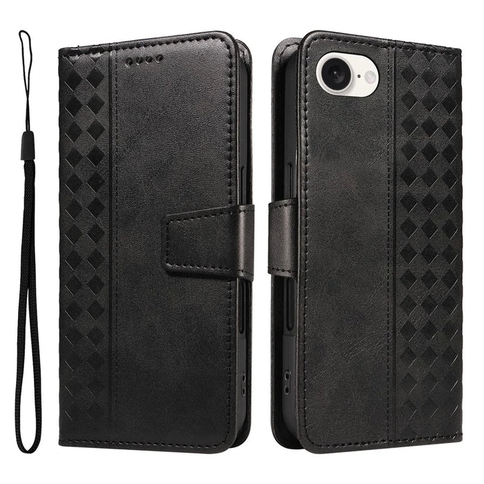 For iPhone 17e / 16e Leather Case Wallet Stand Grids Imprinted Phone Cover with Strap - Black - 1