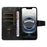 For iPhone 17e / 16e Leather Case Wallet Stand Grids Imprinted Phone Cover with Strap - Black - 2
