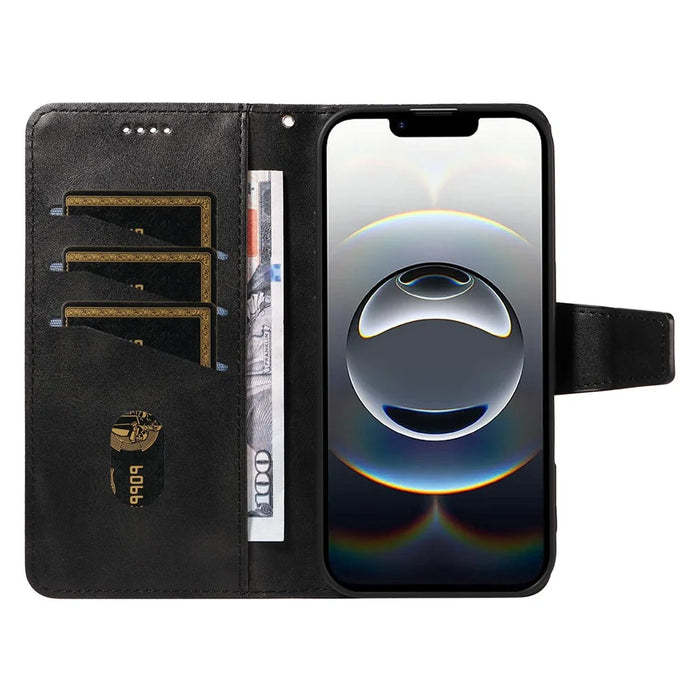 For iPhone 17e / 16e Leather Case Wallet Stand Grids Imprinted Phone Cover with Strap - Black - 2