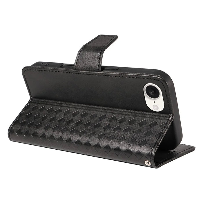 For iPhone 17e / 16e Leather Case Wallet Stand Grids Imprinted Phone Cover with Strap - Black - 4