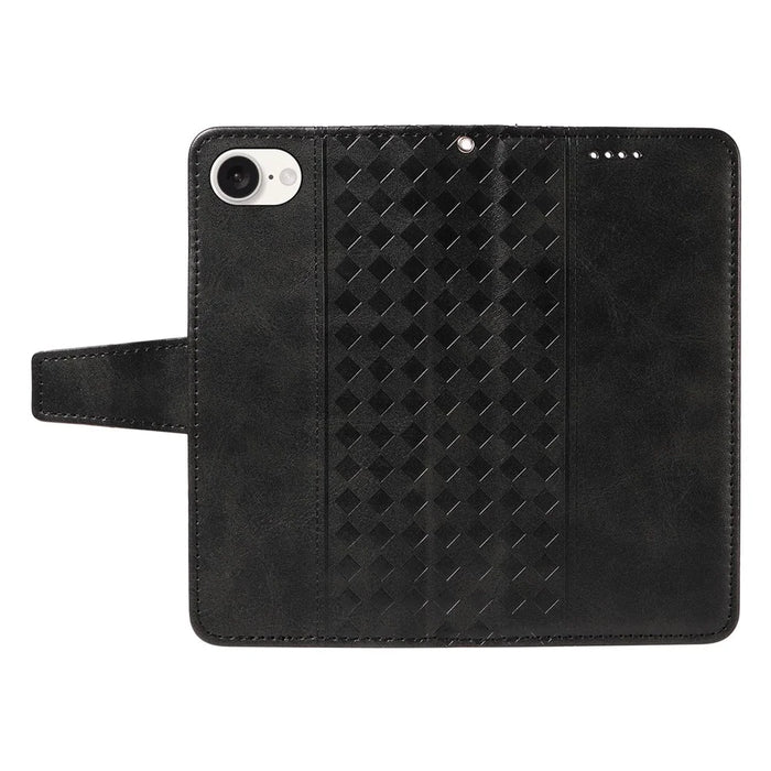 For iPhone 17e / 16e Leather Case Wallet Stand Grids Imprinted Phone Cover with Strap - Black - 5