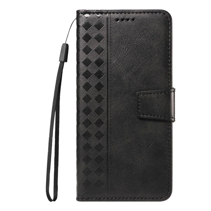 For iPhone 17e / 16e Leather Case Wallet Stand Grids Imprinted Phone Cover with Strap - Black - 7