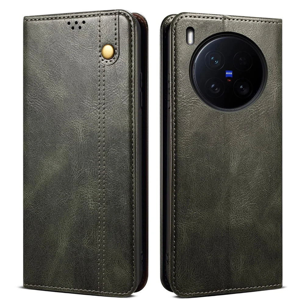 For vivo X200 Ultra 5G Case Crazy Horse Texture Waxy Leather Wallet Stand Phone Cover - Green - 1