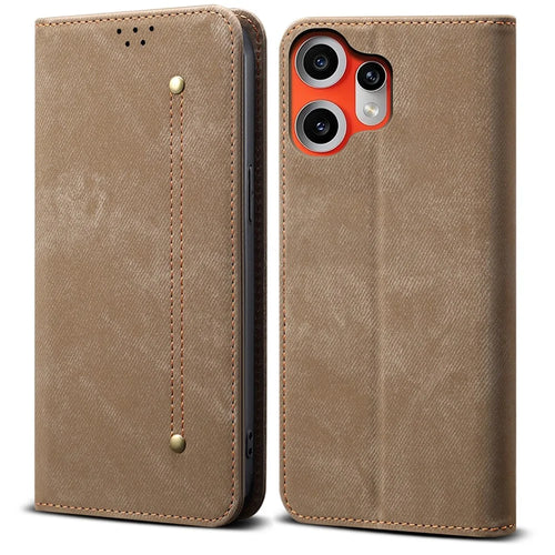For Nothing CMF Phone 2 Pro Case Jeans Cloth Texture Anti-Scratch Leather Stand Phone Cover - Khaki - 1