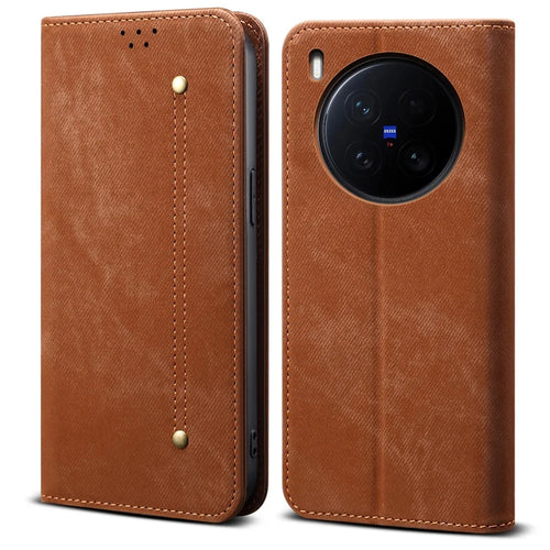 For vivo X200 Ultra 5G Case Jeans Cloth Texture Anti-Scratch Leather Stand Phone Cover - Coffee - 1