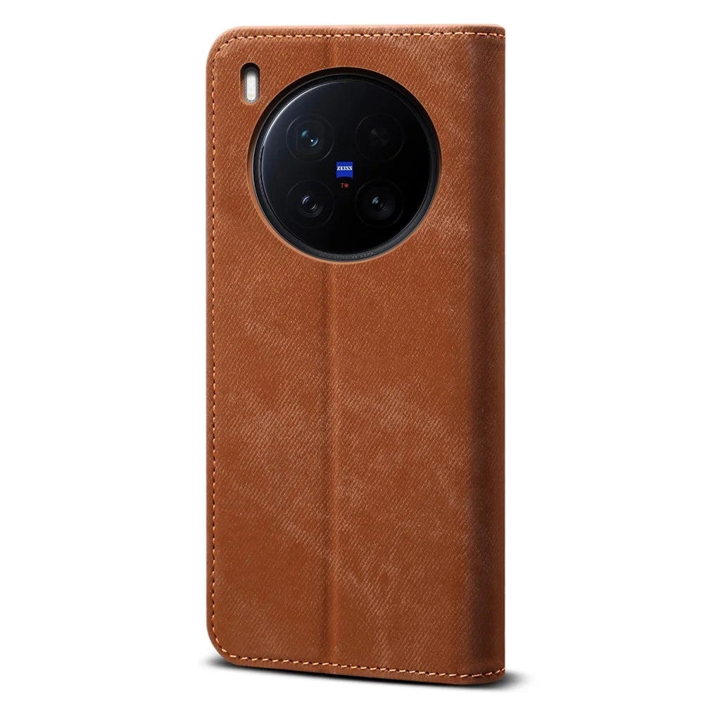 For vivo X200 Ultra 5G Case Jeans Cloth Texture Anti-Scratch Leather Stand Phone Cover - Coffee - 6