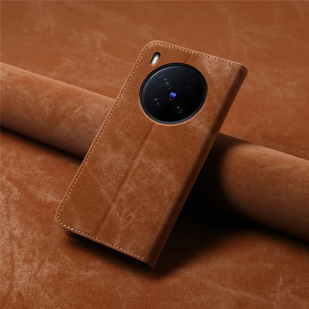 For vivo X200 Ultra 5G Case Jeans Cloth Texture Anti-Scratch Leather Stand Phone Cover - Coffee - 7
