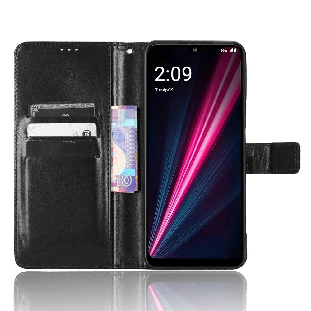 For T-Mobile REVVL 6 5G / Telekom T Phone 5G / T-Mobile T Phone 5G Phone Stand Wallet Case Crazy Horse Texture PU Leather Protective Cover - Black - 2