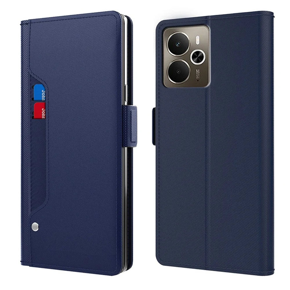 For Realme 14 5G Case Stand PU Leather Phone Cover Card Holder Mirror - Blue - 1