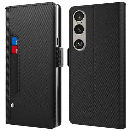 For Sony Xperia 1 VII Case Stand PU Leather Phone Cover Card Holder Mirror - Black - 1