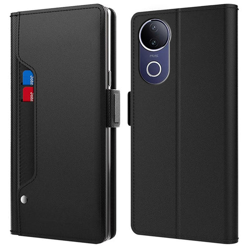 For vivo V50e 5G / V50 5G Case Stand PU Leather Phone Cover Card Holder Mirror - Black - 1