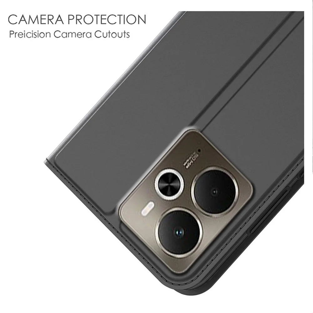 For Realme 14 5G Case PU Leather Phone Cover with Card Holder Stand - Black - 5