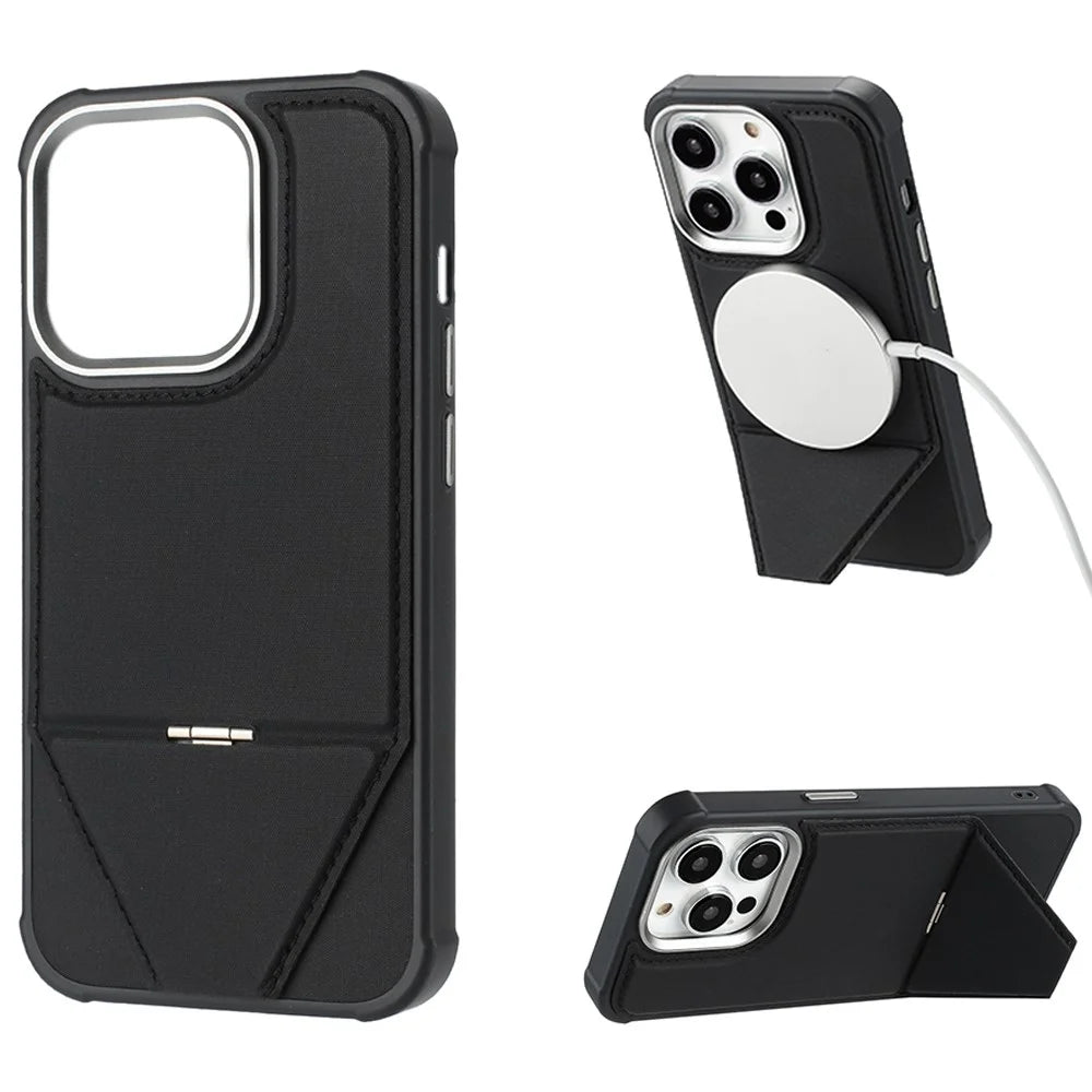 For iPhone 16 Pro Max Case Compatible with MagSafe Kickstand TPU + PU Leather Phone Cover - Black - 1