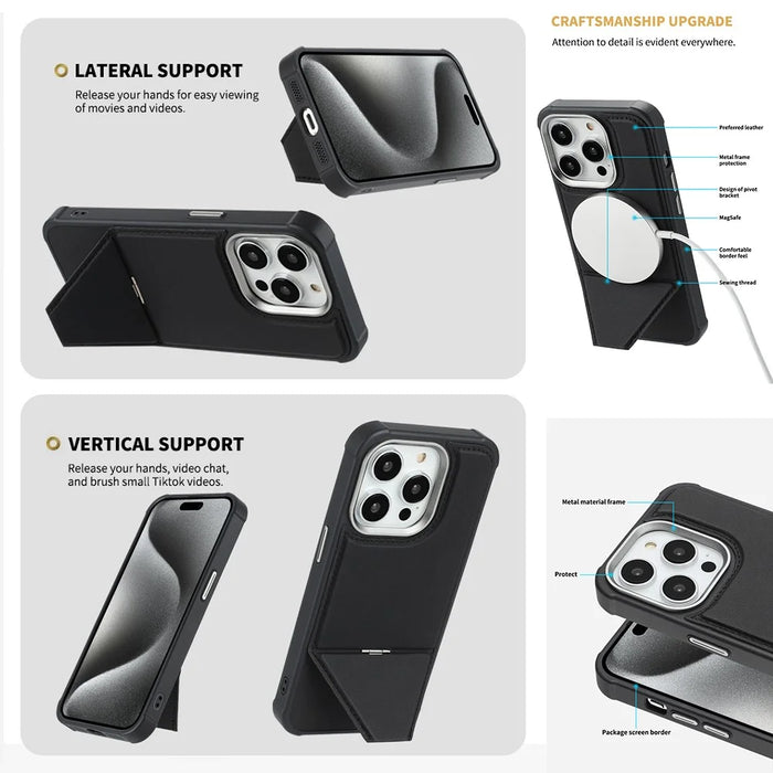 For iPhone 16 Pro Case Compatible with MagSafe Kickstand TPU + PU Leather Phone Cover - Black - 4