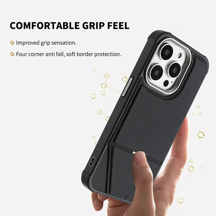 For iPhone 15 Pro Max Case Compatible with MagSafe Kickstand TPU + PU Leather Phone Cover - Black - 5