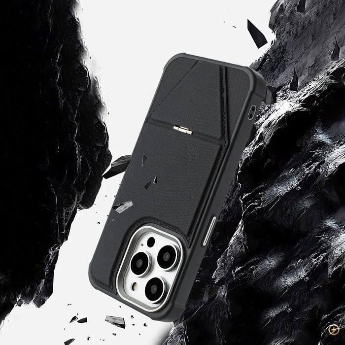 For iPhone 15 Pro Max Case Compatible with MagSafe Kickstand TPU + PU Leather Phone Cover - Black - 6