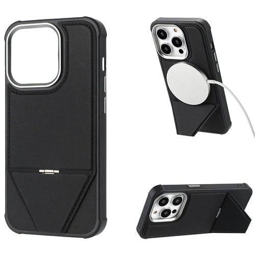For iPhone 15 Pro Case Compatible with MagSafe Kickstand TPU + PU Leather Phone Cover - Black - 1