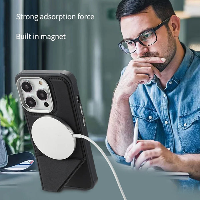 For iPhone 15 Pro Case Compatible with MagSafe Kickstand TPU + PU Leather Phone Cover - Black - 3